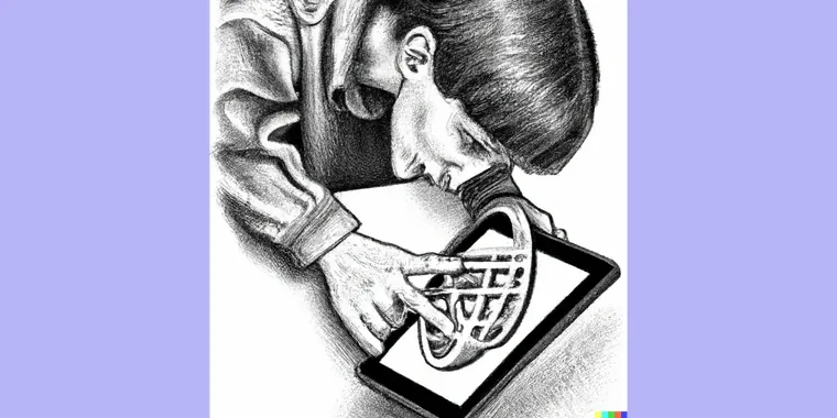 Teen using a smart tablet, pencil, by DALL-E 01/10/2023