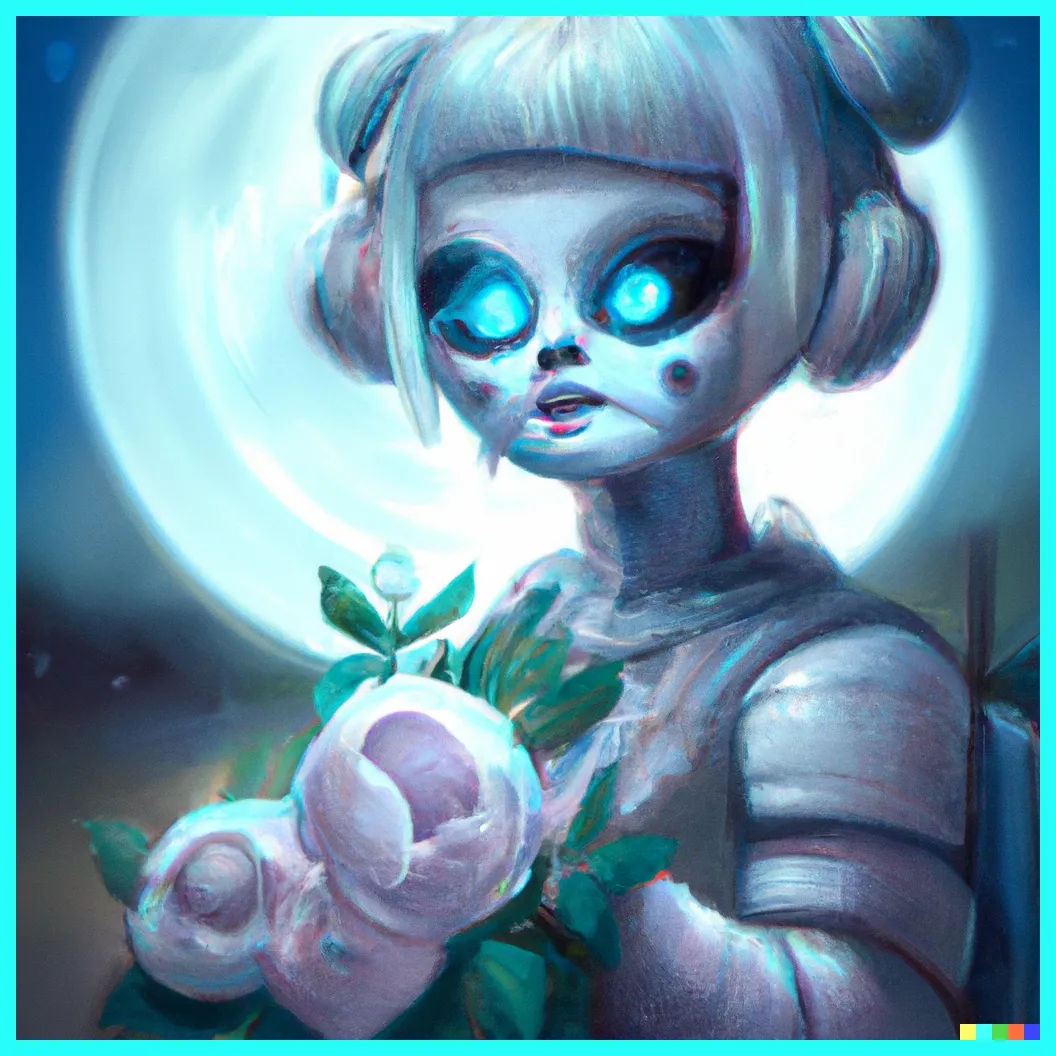 Luna as a Zombie holding roses, by DALL-E AI