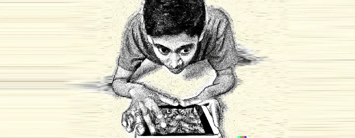 Drawing of a child doodling on a smart device by DALL-E AI