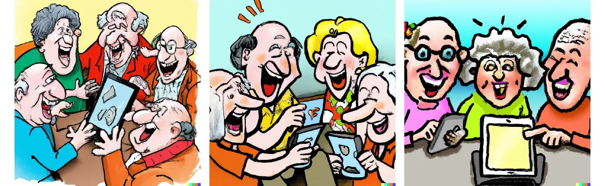 Cartoon images of seniors enjoying smart tech, by DALLE