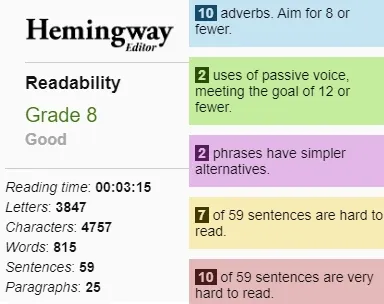 Hemingway says grade 8 reading level