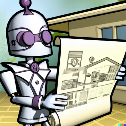 AI Architect Looking at Cartoon Blueprints