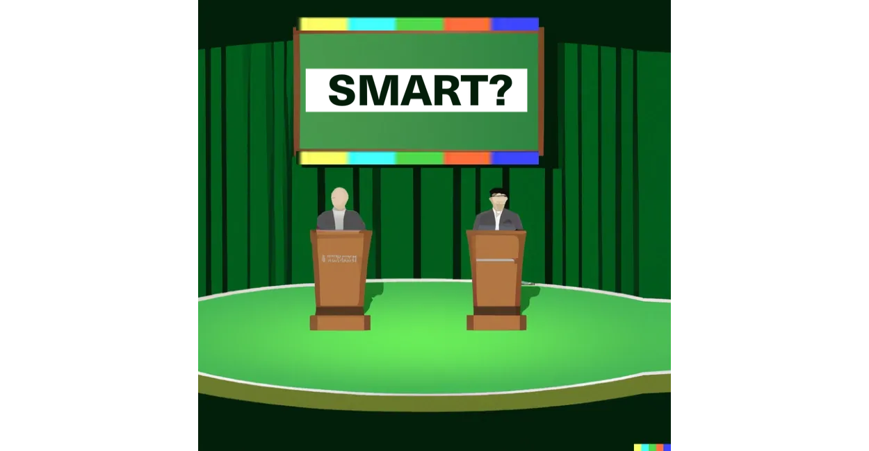 Two faceless debaters on a stage with a sign reading SMART behind them