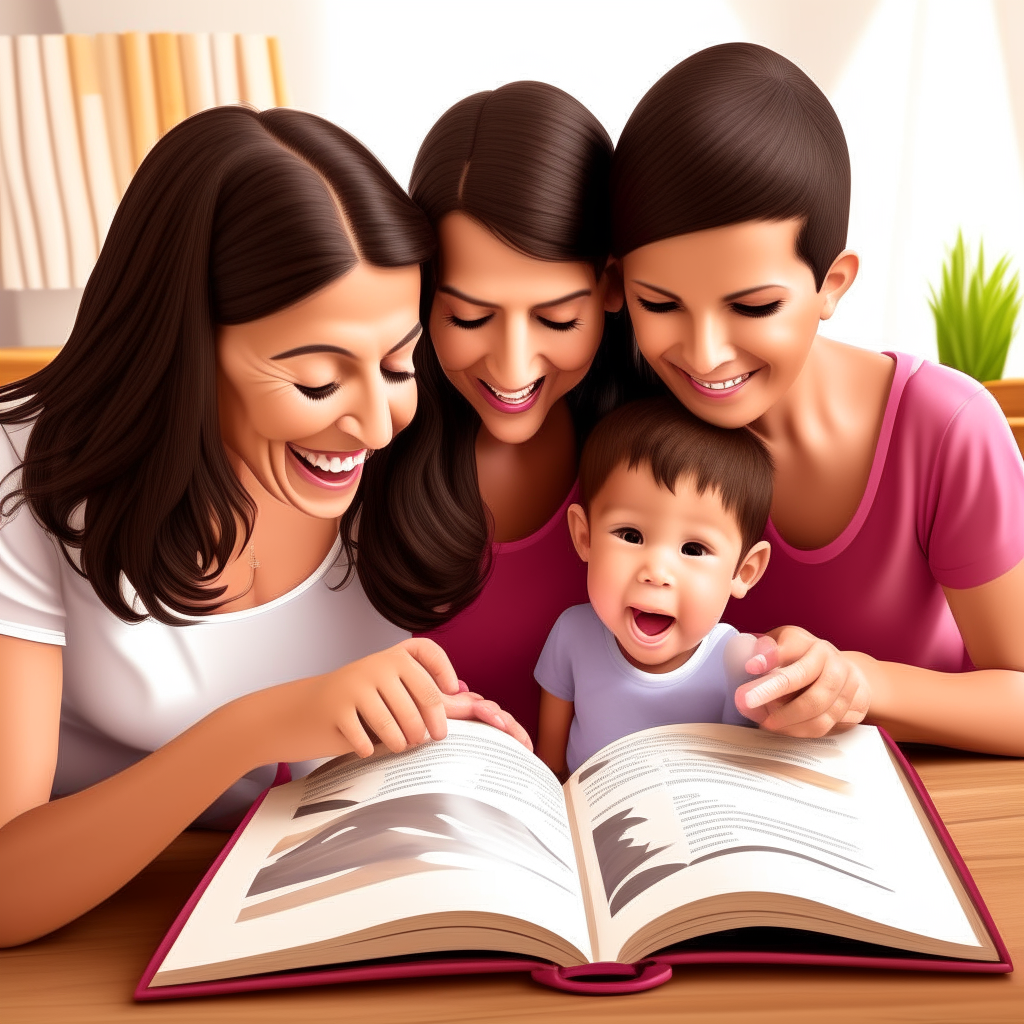 A child happily reading at home with family looking on and assisting