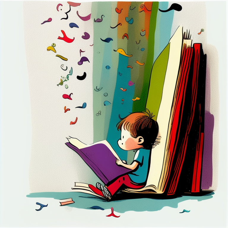 A child reading a book and imagination coming out of the book