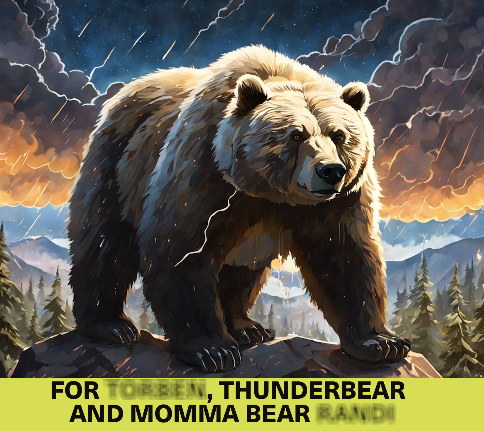 Custom Dedication and Unique AI Artwork. This is a bear surrounded by lightning and it says To Thunderbear