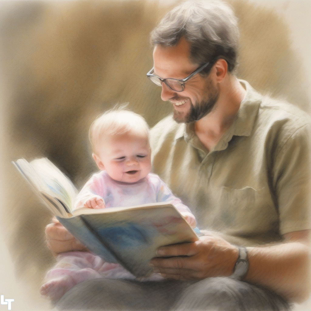 A soft watercolour painting of a man reading to a baby, by KREA